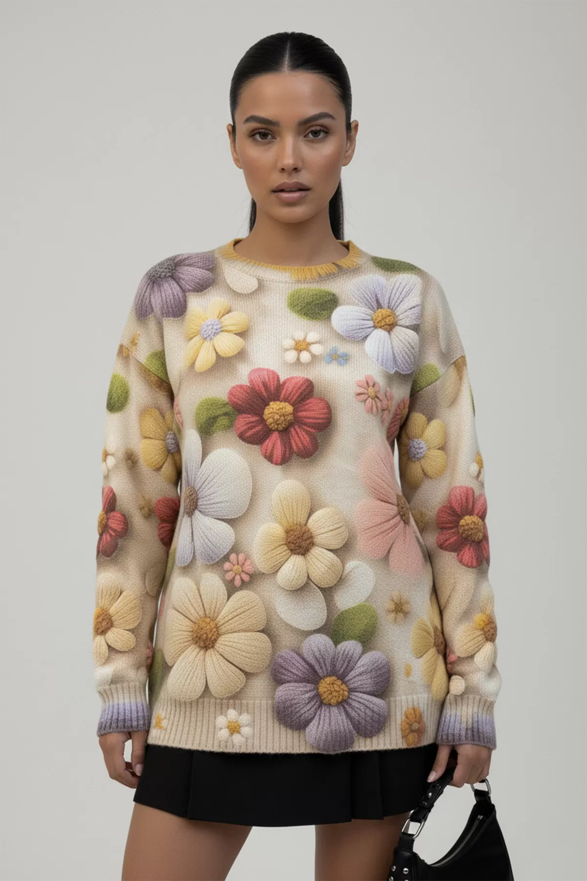 Renkli Çiçek Desenli Triko Kadın Kazak