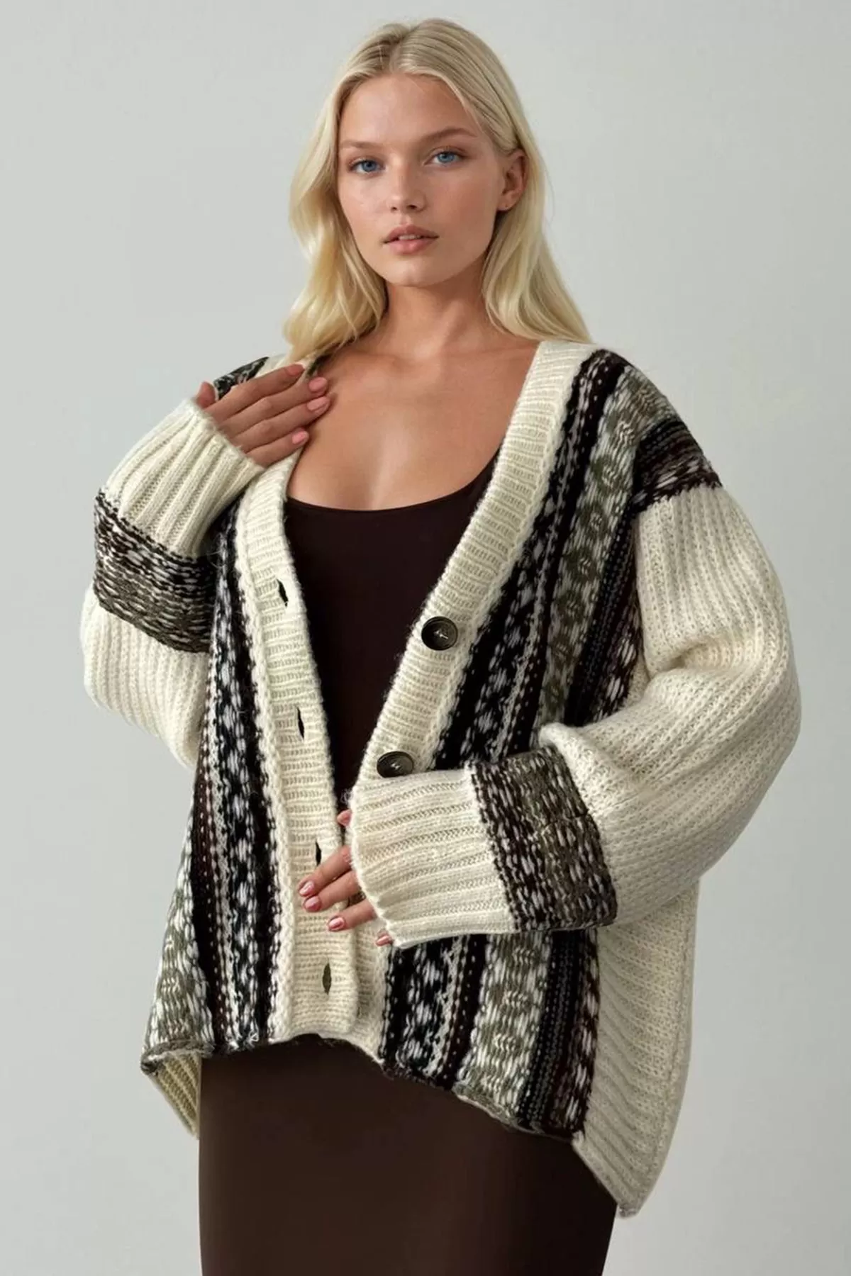 Renkli Etnik Desenli Triko Kadın Hırka