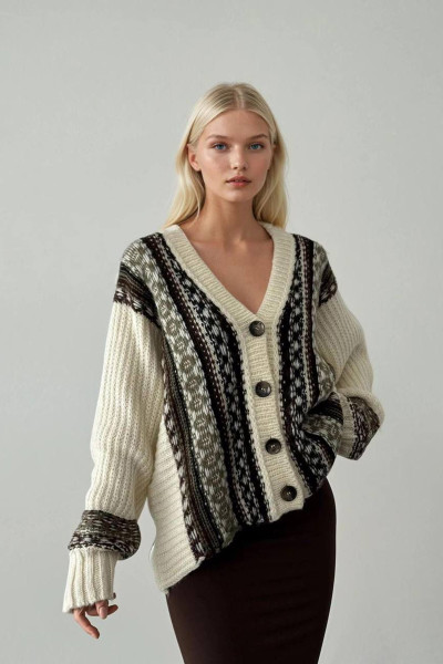 Renkli Etnik Desenli Triko Kadın Hırka