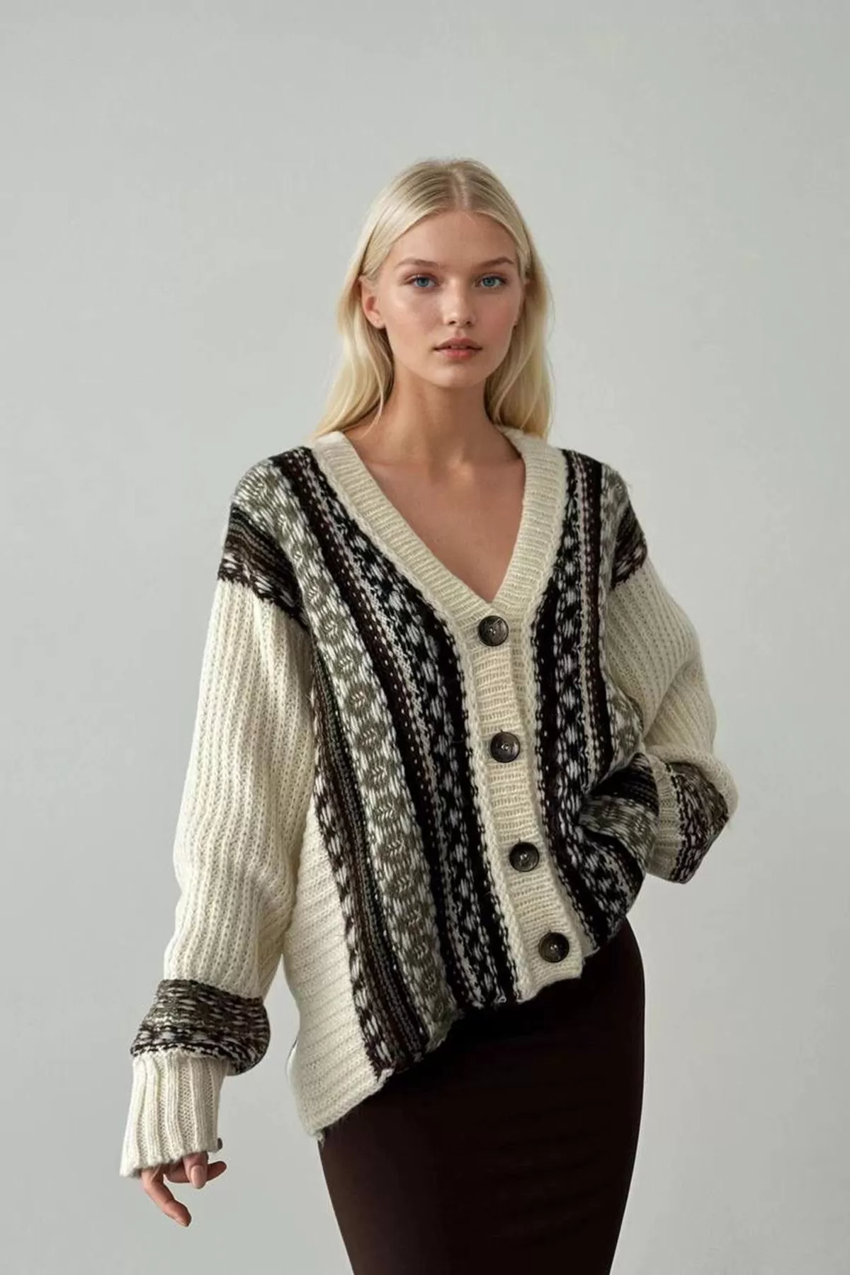 Renkli Etnik Desenli Triko Kadın Hırka