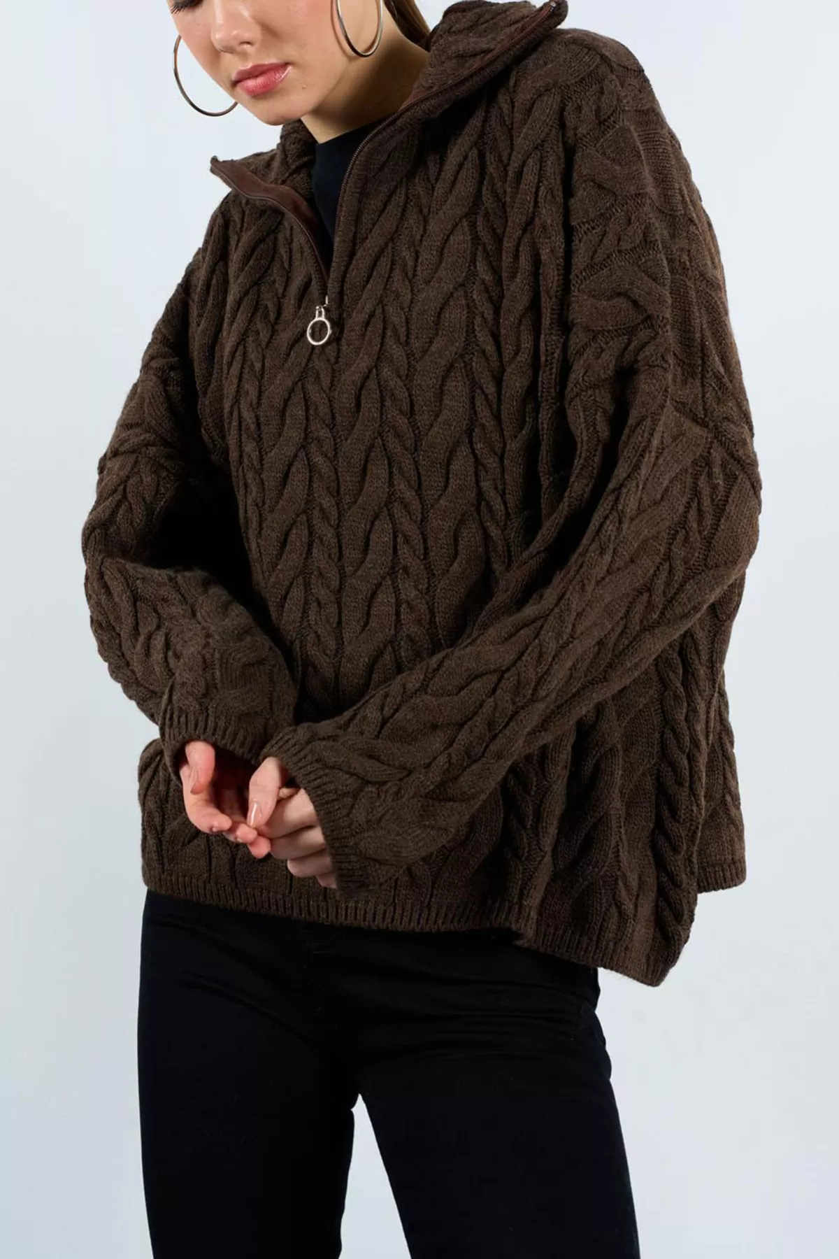 Saç Örgülü Fermuarlı Kahverengi Triko Kadın Kazak