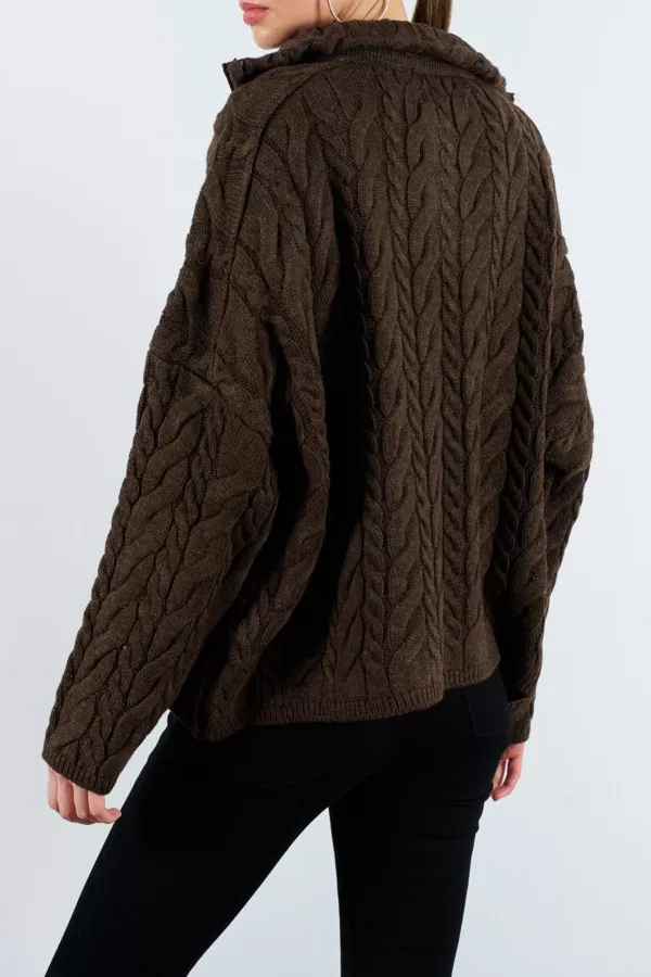 Saç Örgülü Fermuarlı Kahverengi Triko Kadın Kazak