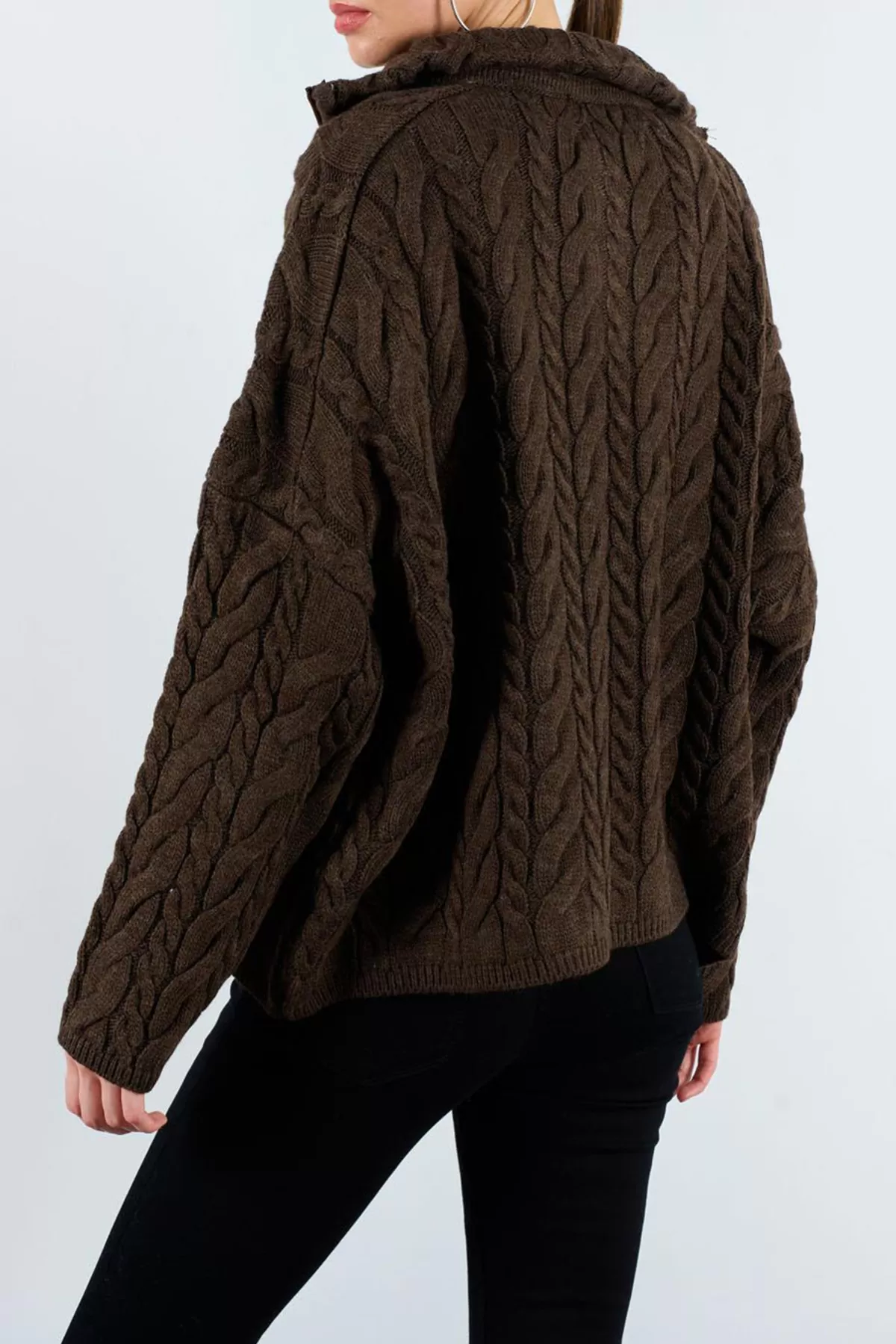 Saç Örgülü Fermuarlı Kahverengi Triko Kadın Kazak