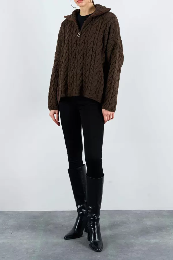 Saç Örgülü Fermuarlı Kahverengi Triko Kadın Kazak