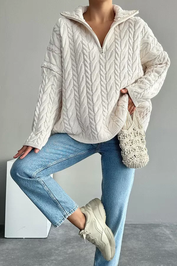 Saç Örgülü Fermuarlı Krem Triko Kadın Kazak