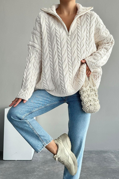 Saç Örgülü Fermuarlı Krem Triko Kadın Kazak