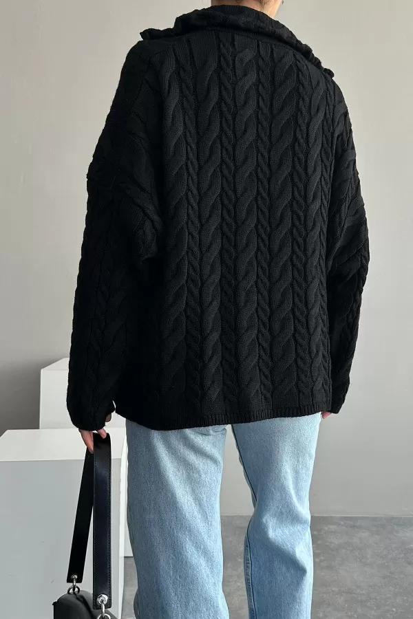 Saç Örgülü Fermuarlı Siyah Triko Kadın Kazak