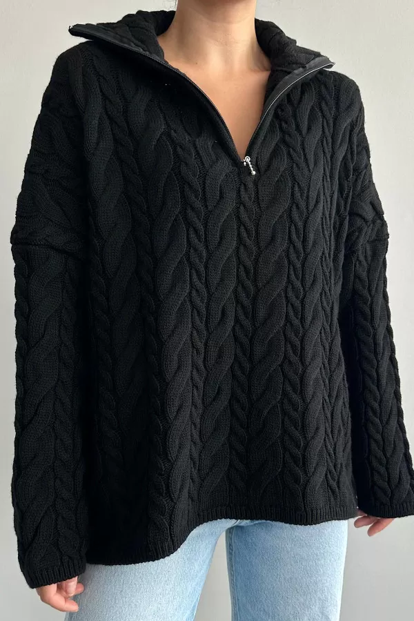 Saç Örgülü Fermuarlı Siyah Triko Kadın Kazak