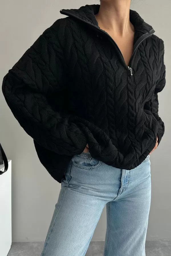 Saç Örgülü Fermuarlı Siyah Triko Kadın Kazak