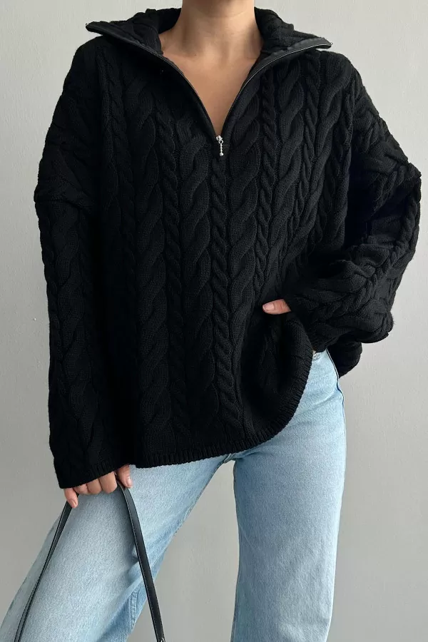 Saç Örgülü Fermuarlı Siyah Triko Kadın Kazak