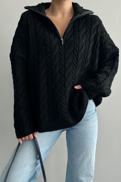 Saç Örgülü Fermuarlı Siyah Triko Kadın Kazak