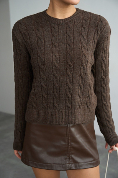 Saç Örgülü Kahverengi Pamuklu Kadın Kazak