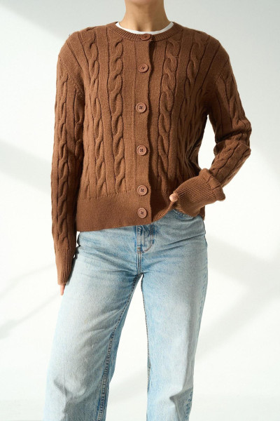 Saç Örgülü Kahverengi Triko Kadın Hırka