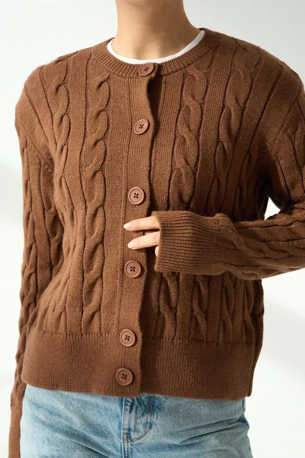 Saç Örgülü Kahverengi Triko Kadın Hırka