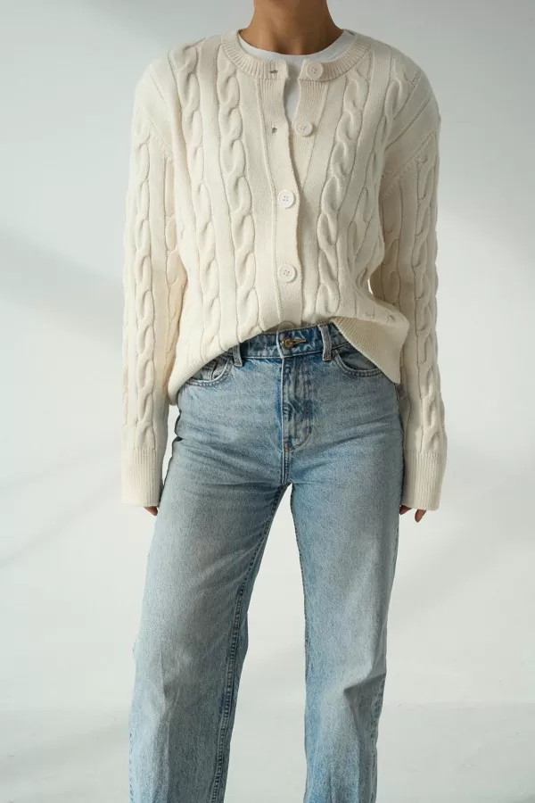 Saç Örgülü Krem Triko Kadın Hırka