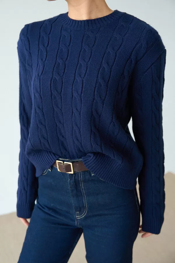 Saç Örgülü Lacivert Pamuklu Kadın Kazak