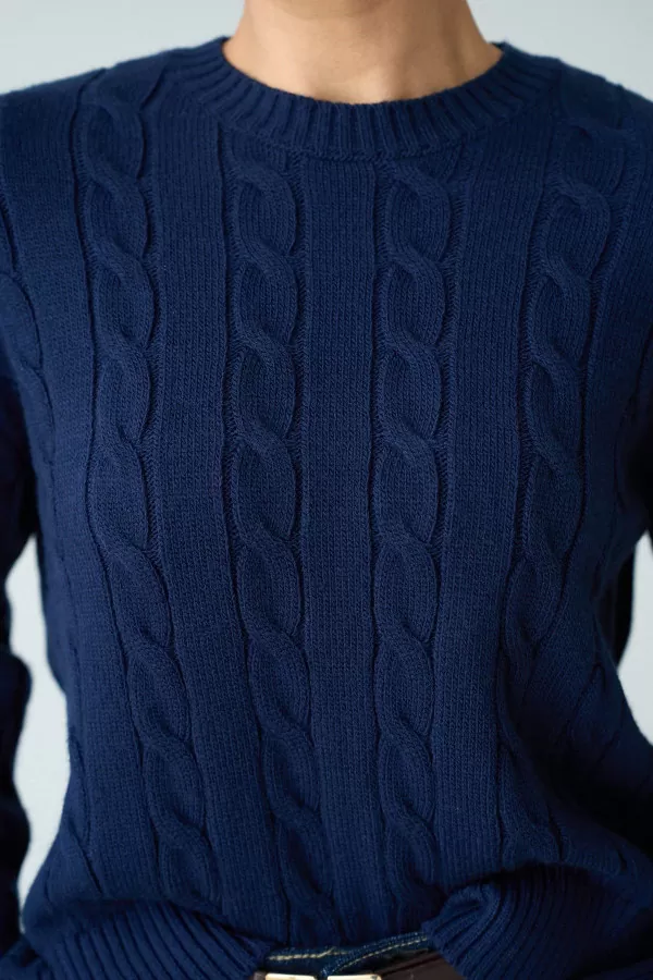 Saç Örgülü Lacivert Pamuklu Kadın Kazak