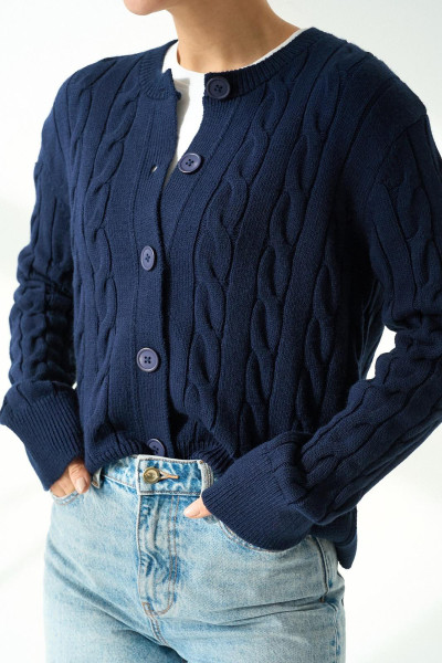 Saç Örgülü Lacivert Triko Kadın Hırka