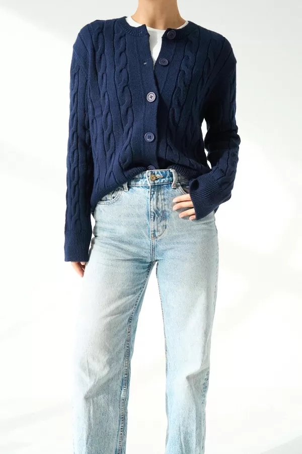 Saç Örgülü Lacivert Triko Kadın Hırka