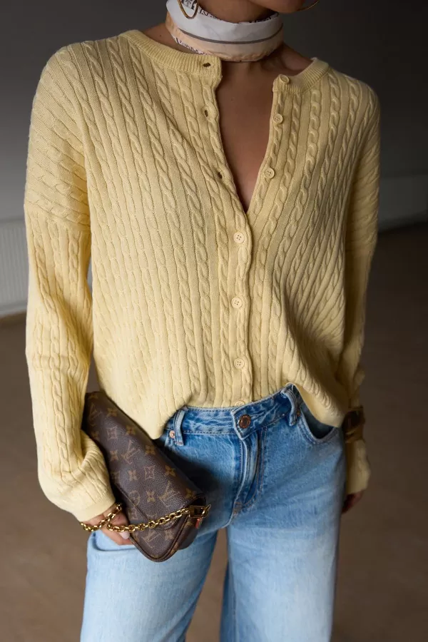 Saç Örgülü Sarı Triko Kadın Hırka