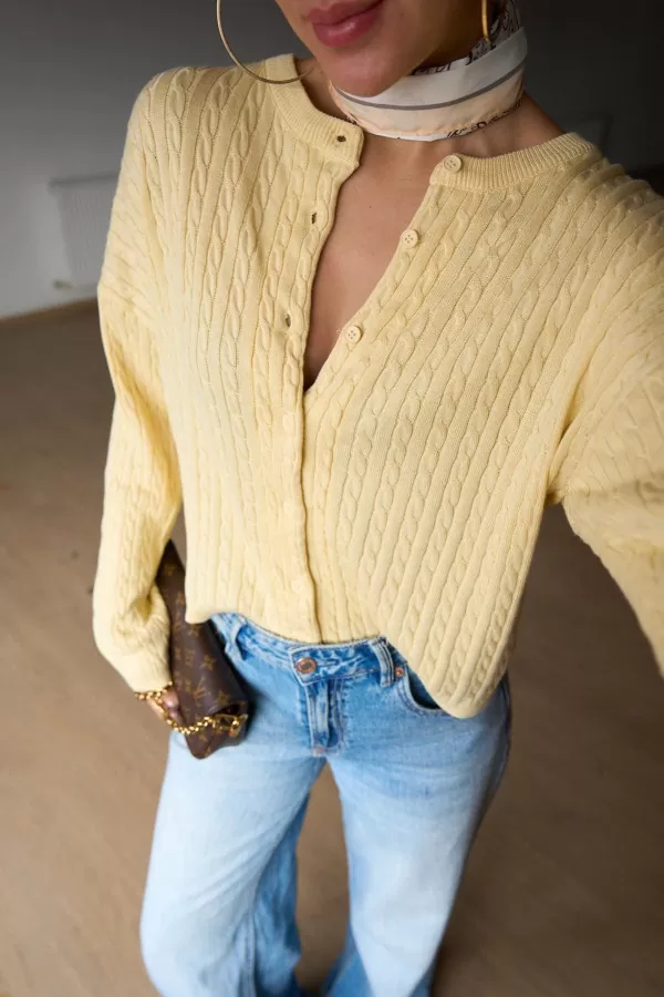 Saç Örgülü Sarı Triko Kadın Hırka