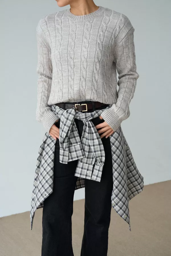 Saç Örgülü Taş Rengi Pamuklu Kadın Kazak