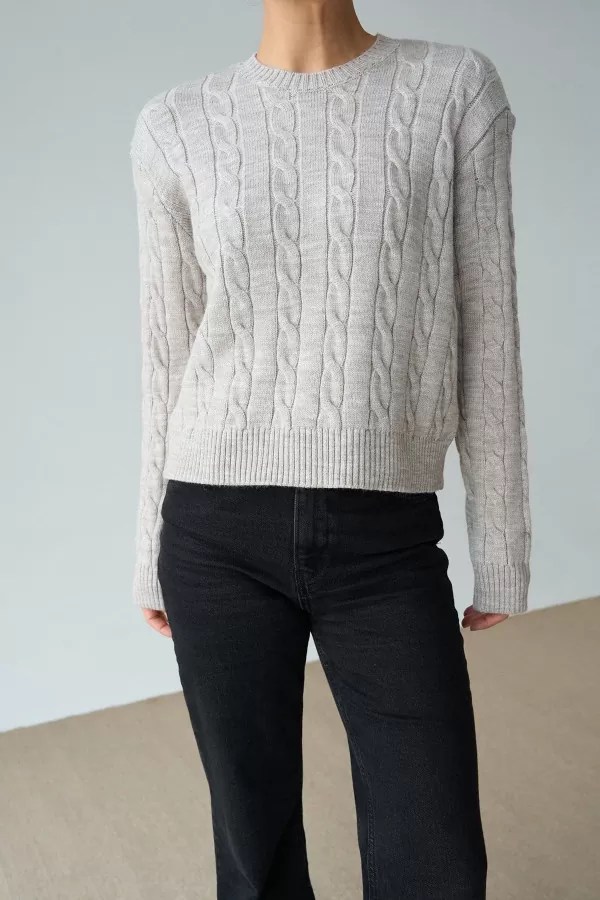 Saç Örgülü Taş Rengi Pamuklu Kadın Kazak