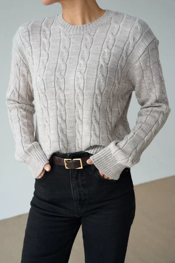 Saç Örgülü Taş Rengi Pamuklu Kadın Kazak