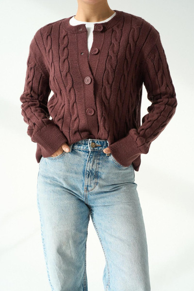 Saç Örgülü Vişne Triko Kadın Hırka