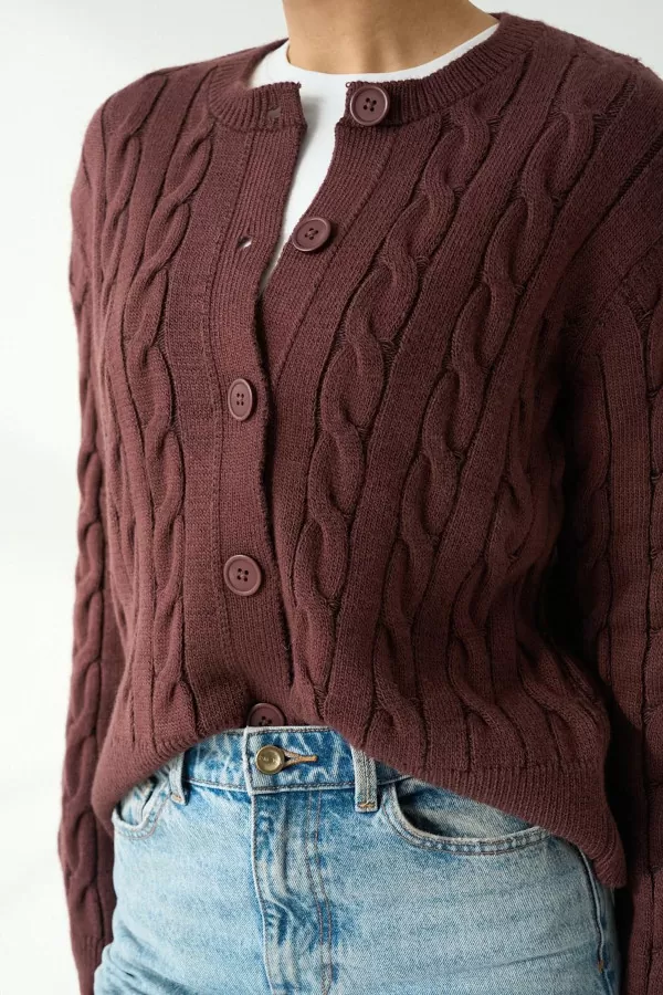 Saç Örgülü Vişne Triko Kadın Hırka