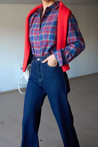 Saks Kırmızı Ekose Kadın Gömlek