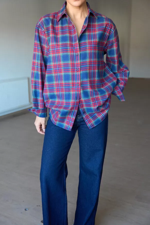 Saks Kırmızı Ekose Kadın Gömlek