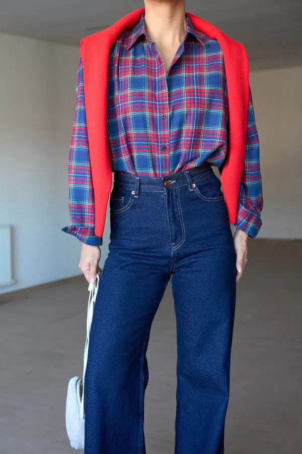 Saks Kırmızı Ekose Kadın Gömlek