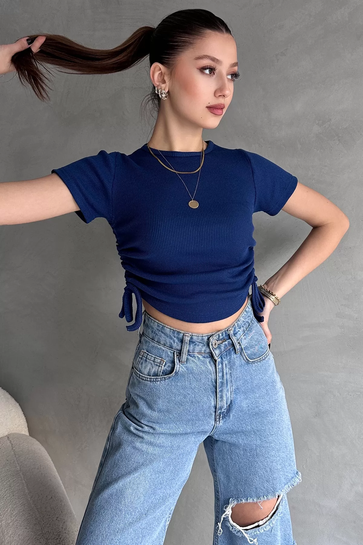 Saks Mavi Asansörlü Kaşkorse Bluz