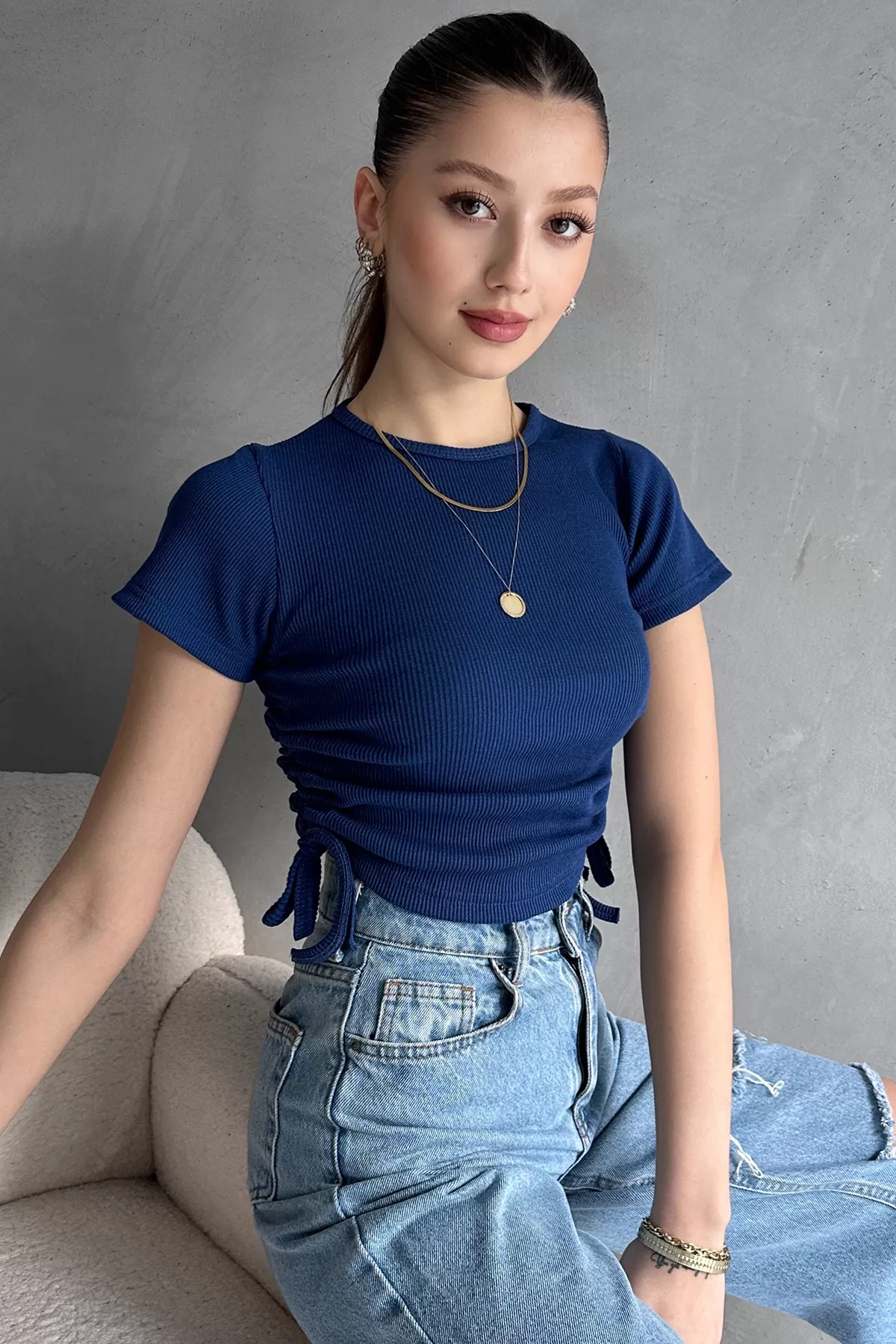 Saks Mavi Asansörlü Kaşkorse Bluz