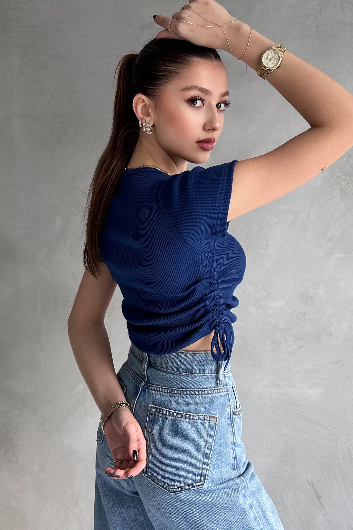 Saks Mavi Asansörlü Kaşkorse Bluz