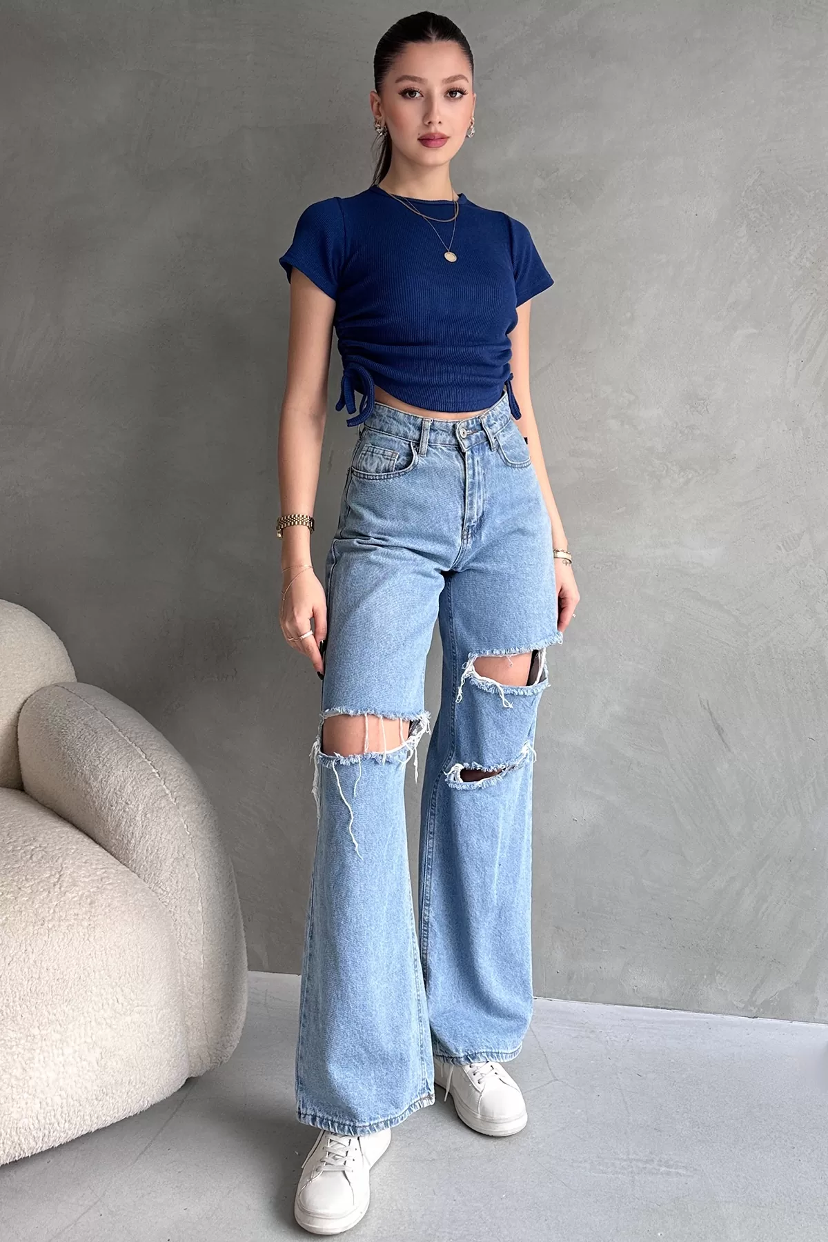 Saks Mavi Asansörlü Kaşkorse Bluz