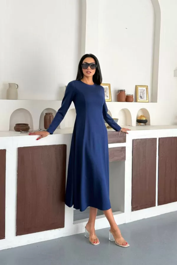 Saks Mavi Modal Kumaş Uzun Elbise