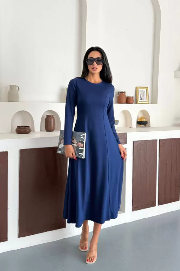 Saks Mavi Modal Kumaş Uzun Elbise