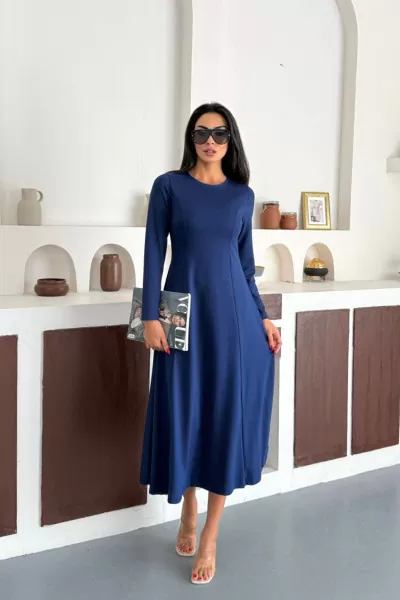 Saks Mavi Modal Kumaş Uzun Elbise