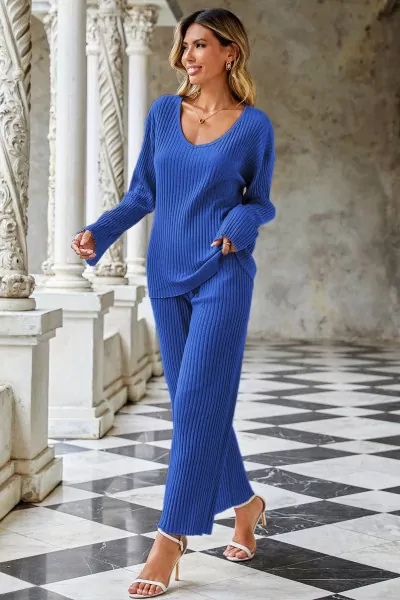 Saks Mavi V Yaka Bluz Pantolon Kadın Alt Üst Takım