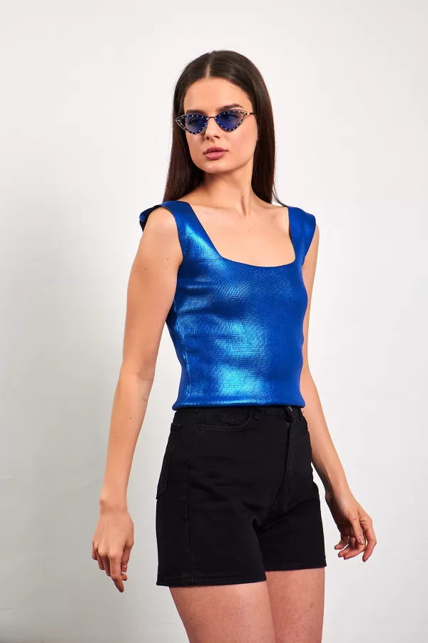 Saks Mavi Varaklı Fitilli Kadın Atlet