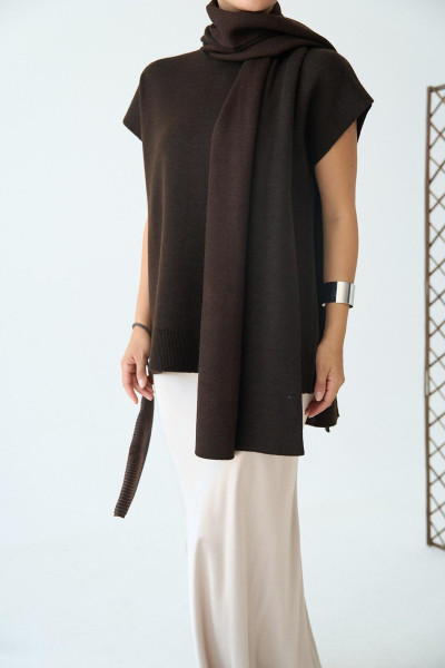 Şal Aksesuarlı Acı Kahve Triko Tunik