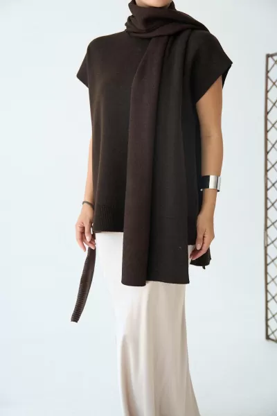 Şal Aksesuarlı Acı Kahve Triko Tunik