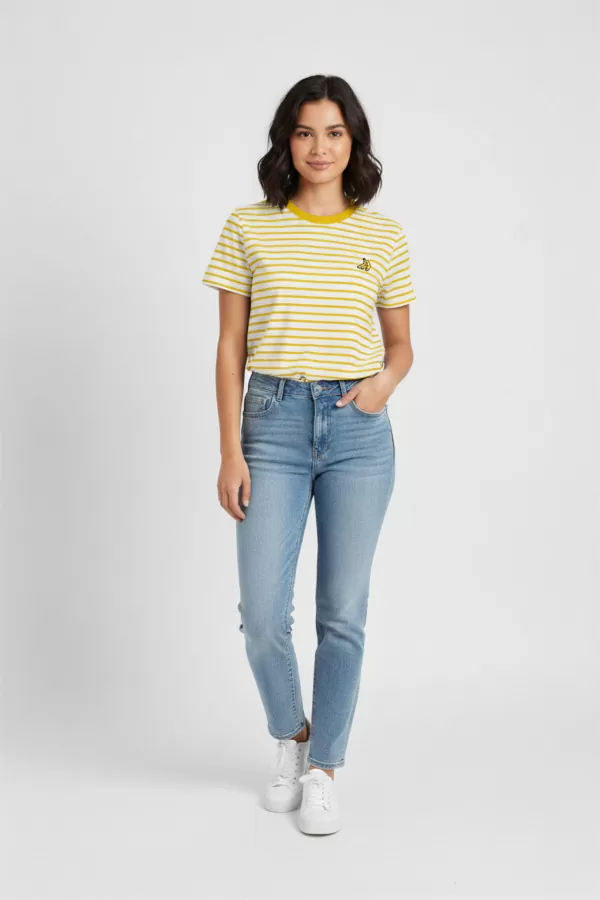 Sarı Beyaz Çizgili Pamuklu Nakışlı Kadın Tişört