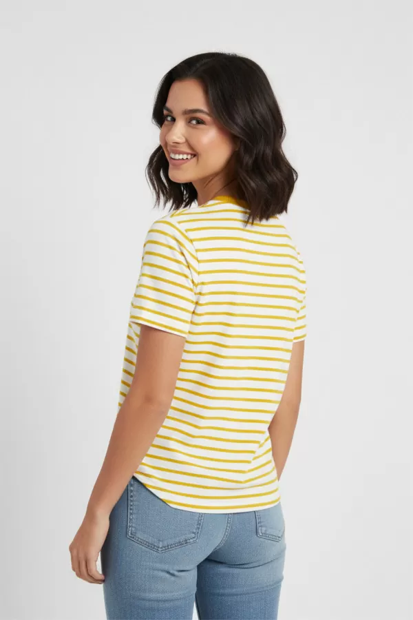 Sarı Beyaz Çizgili Pamuklu Nakışlı Kadın Tişört