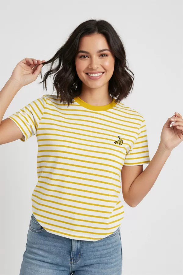 Sarı Beyaz Çizgili Pamuklu Nakışlı Kadın Tişört
