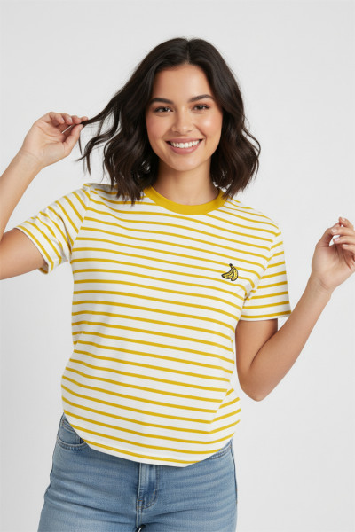 Sarı Beyaz Çizgili Pamuklu Nakışlı Kadın Tişört