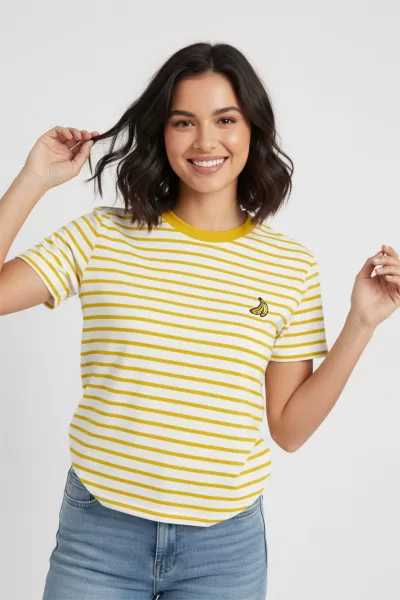 Sarı Beyaz Çizgili Pamuklu Nakışlı Kadın Tişört