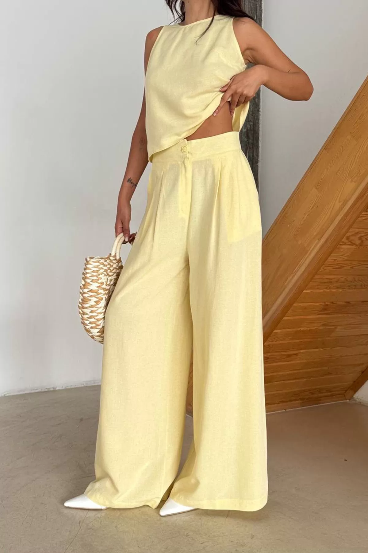 Sarı Pamuk Keten Kadın Alt Üst Takım